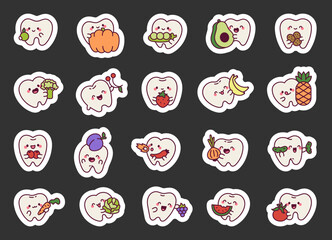 Tooth cute kawaii character set with fruits and vegetables holding food, showing happy faces, cheerful emotions for your illustration and creative designs projects