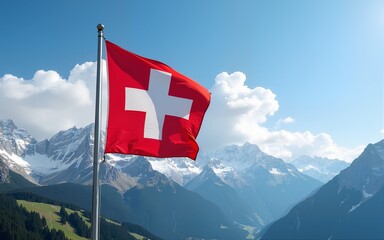Swiss flag and mountain range on a sunny summer day with blue sky and clouds. Confederation Day is a national holiday in Switzerland. High quality