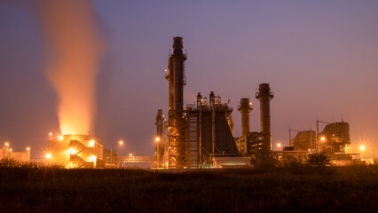 Natural Gas Combined Cycle Power Plant,Gas turbine electrical power plant with in Twilight power for factory energy concept.