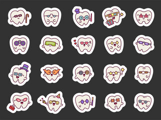 Tooth glasses cute kawaii character set with different emotions and funny cartoon faces wearing party hat, graduation cap, sunglasses, and various eyewear styles for your projects