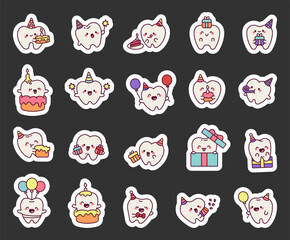 Tooth birthday cute kawaii character set with different party hats, cakes, candles, balloons, gifts, confetti, and joyful emotions for celebration and fun illustrations
