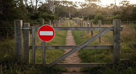 A wooden gate blocking a path leading into a wooded area, with a prominent "No Entry" sign