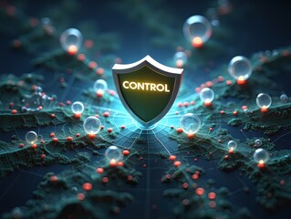 Network Security and Data Control Conceptual Illustration of a Digital Protection Shield Guarding a Complex Interconnected System