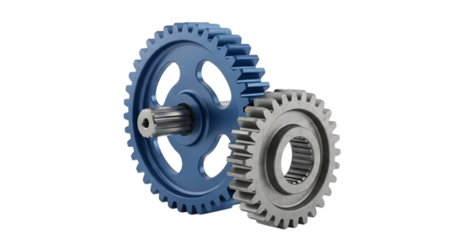 Two metal gears meshed together isolated on transparent background