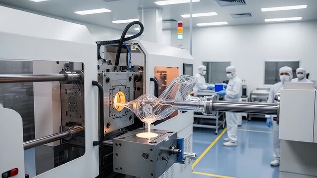 plastic injection molding Precision manufacturing of transparent components in a high-tech cleanroom with advanced machinery and masked technicians.