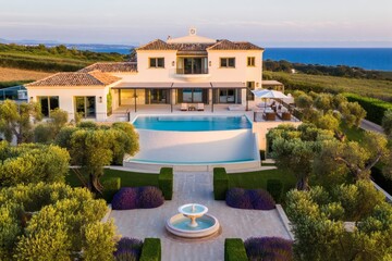 Stunning private villa with a curved swimming pool, landscaped formal garden, and a breathtaking view of the sea during golden hour.