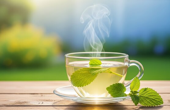 Steaming lemon balm tea in glass teacup surrounded by calm, warm setting