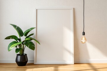 Modern interior scene with blank canvas and potted plant