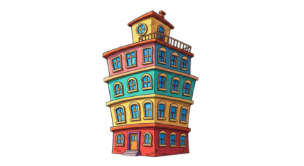 Whimsical tall colorful building isolated on transparent background
