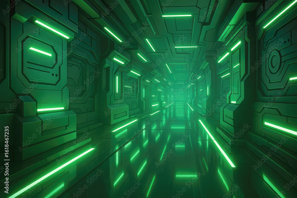 Poster futuristic green corridor with glowing neon lights creating a sci-fi atmosphere in a modern setting
