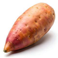 A single, raw, orange sweet potato with a textured skin, isolated on a clean white background, ready for culinary use