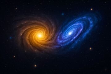 Close Encounter of Two Distinct Spiral Galaxies in Deep Space, Captured in High Resolution with Rich Color Contrast and Cinematic Depth, Surrounded by Stars and Interstellar Dust Layers.