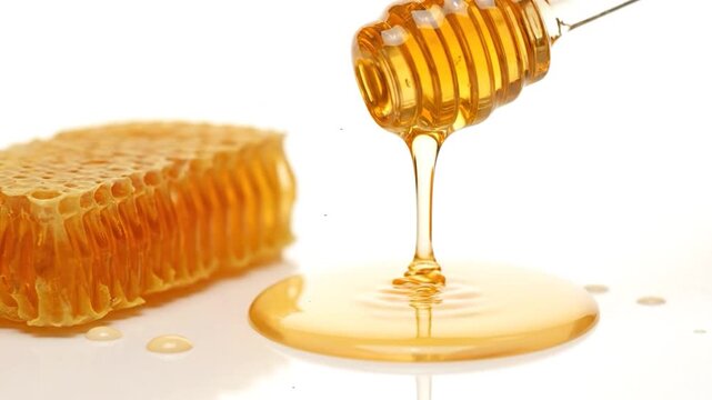 Honey, honeycomb, honey dripping, pouring from glass honey dipper spoon, on white background, border design, close-up. Honey comb, Healthy organic liquid honey spill. Bees wax. Slow motion