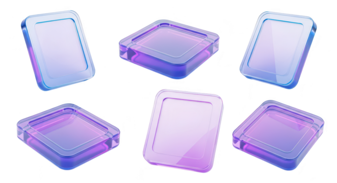 Transparent rectangular jewel-like objects floating against a white background possibly for futuristic UI design or abstract concepts