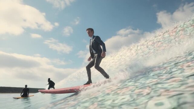 Riding the Wave of Success: A determined individual fearlessly surfs on a cresting wave composed of cash, symbolizing the thrill and challenge of navigating the world of finance.