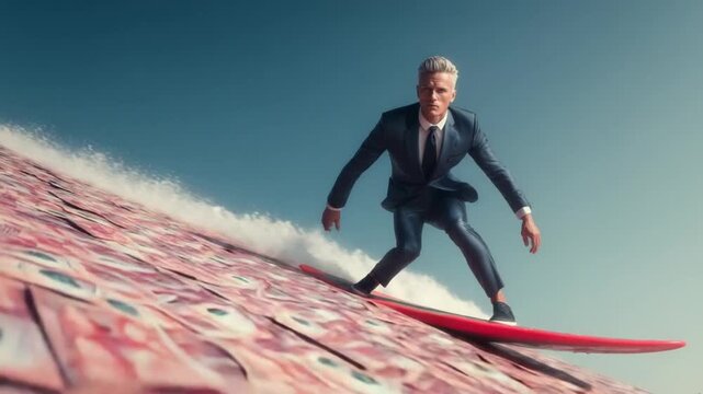 Conquering Financial Tides: A businessman in a tailored suit fearlessly rides a wave composed of currency, symbolizing the strategic mastery of financial markets and embracing opportunities.
