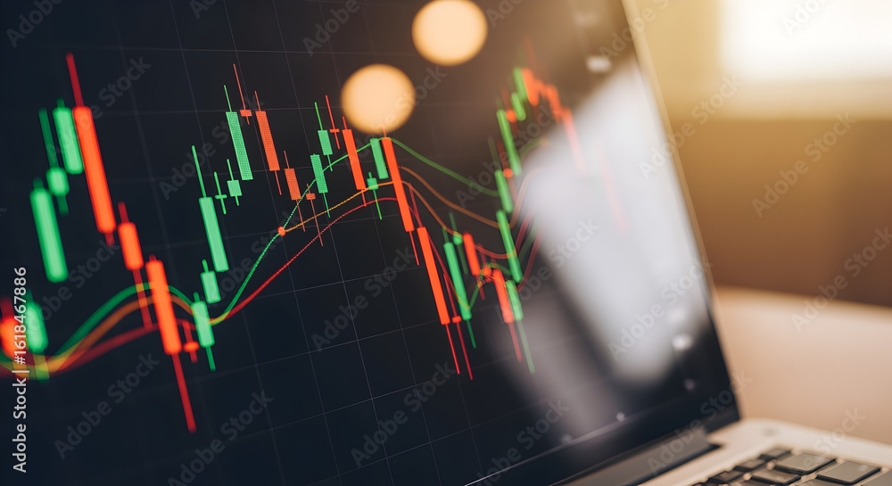 Poster detailed stock market analysis displaying candlestick chart on laptop screen with red and green indi