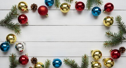 A festive Christmas Ornaments on white wooden surface