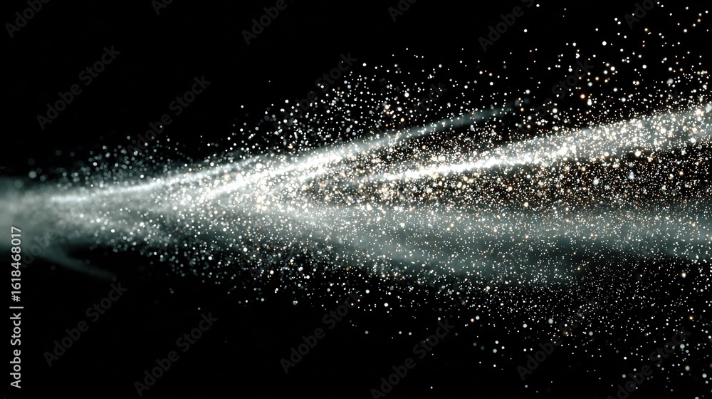 Poster abstract sparkling glitter particles flowing on a black background creating an elegant and