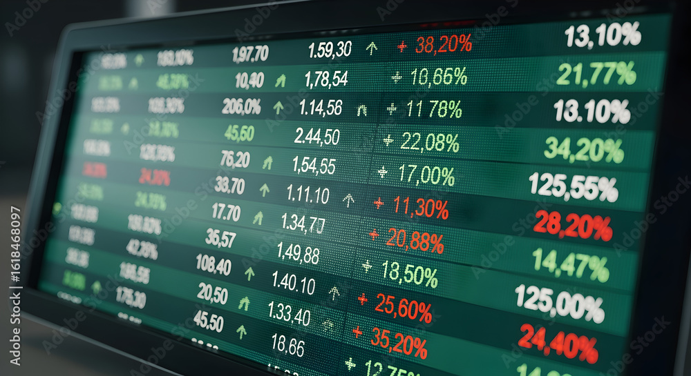 Poster detailed stock market data displayed on computer screen with green white and red figures