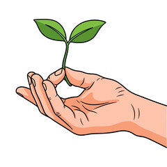 Hand holding a green plant sprout symbolizing new life and growth with organic shapes in a simple style and green and skin tone palette, making it infinitely scalable, perfect for ecology branding