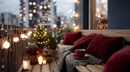 Festive holiday retreat on a small decorated urban apartment balcony with cozy pillows, a warm blanket, and twinkling lights.