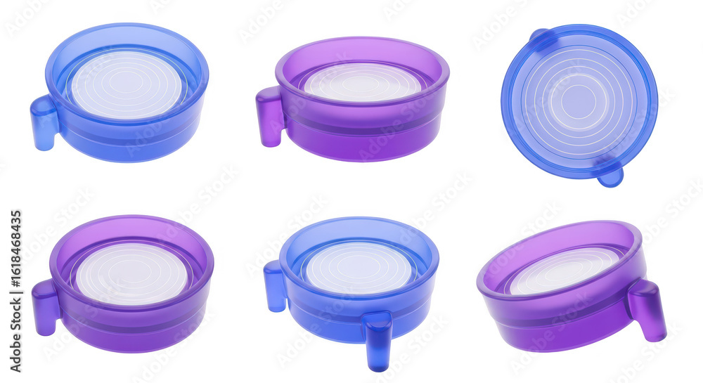 Poster multiple colored plastic containers arranged in different angles on a white background for product p