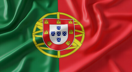Obraz premium Detailed Waving Portuguese Flag with Green and Red Colors Featuring the National Coat of Arms on Silk Fabric
