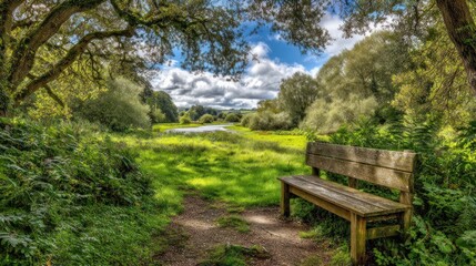 Fototapeta premium Wooden park bench in verdant landscape