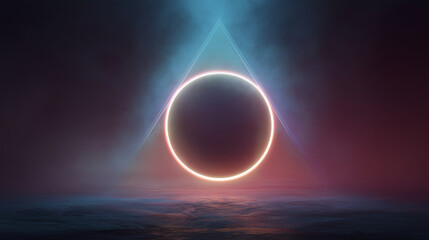 Radiant glowing circle within triangle, abstract surreal background, soft neon haze