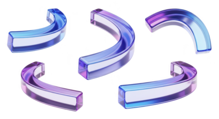 Five curved transparent colorful glass shapes arranged against a white background useful for design elements and abstract illustrations