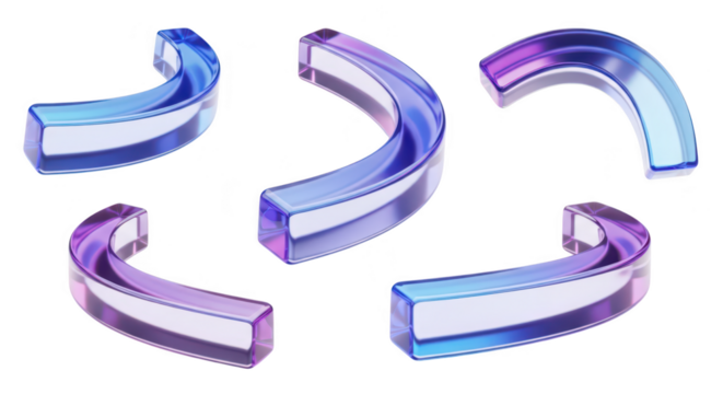 Five curved transparent colorful glass shapes arranged against a white background useful for design elements and abstract illustrations