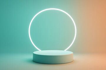 Minimalist display platform with glowing circular light in calm blue and orange tones suitable for product showcasing or artistic presentations