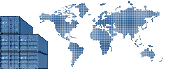Import and export cargo container logistics visualized on a global trade map, isolated on transparent background. 3D illustration © Orange Dragon Studio