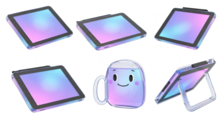 Futuristic digital tablet models in various angled positions and a whimsical animated drink container against a white background; digital art promotion