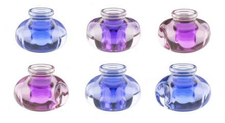 Six colorful ink bottles with vibrant hues displayed in a studio ready for creative projects