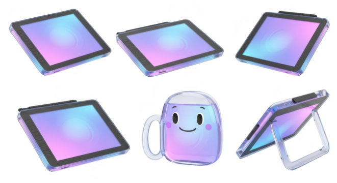 Futuristic digital tablet models in various angled positions and a whimsical animated drink container against a white background; digital art promotion