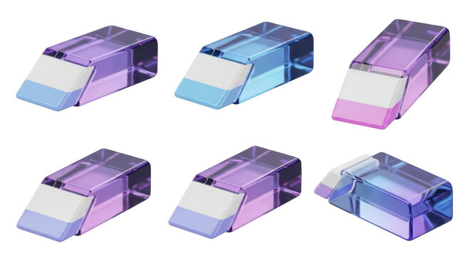 Pastel-colored transparent erasers arranged on a white background showcasing stationery options for educational use presentations or design