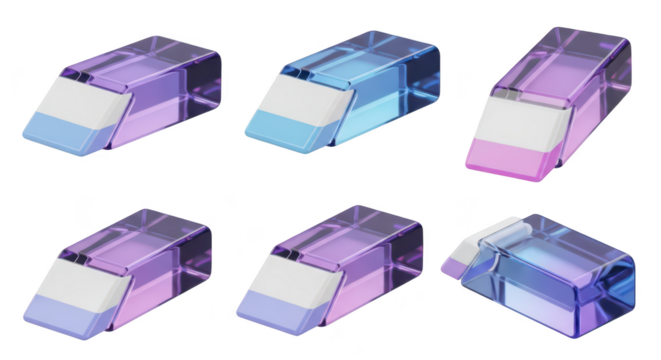 Pastel-colored transparent erasers arranged on a white background showcasing stationery options for educational use presentations or design