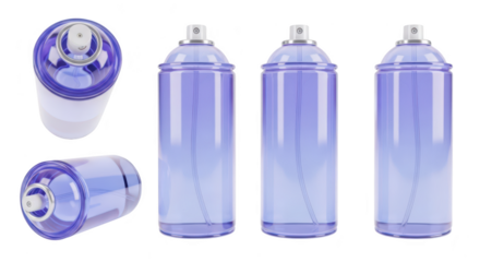Transparent aerosol spray cans displayed against a white background various angles showcasing product for cosmetic and industrial use