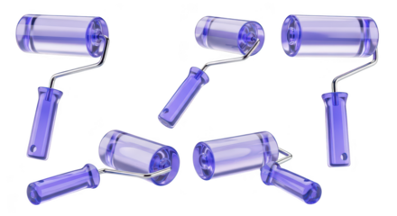 Purple paint rollers levitating against a white background illustrating paint application tools and decoration