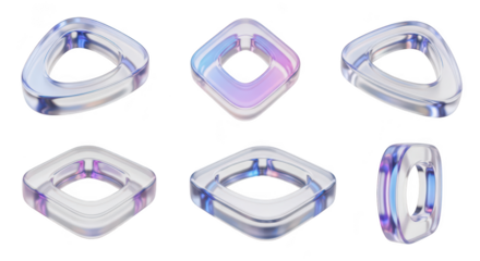 3D transparent geometric shapes in various orientations floating against a clean white background used in digital art or graphic design