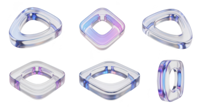 3D transparent geometric shapes in various orientations floating against a clean white background used in digital art or graphic design