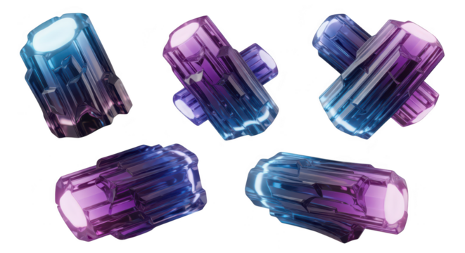 Glowing colorful crystals displayed isolated on white background illustrating abstract design potential for digital art or fantasy themes