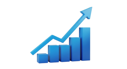 Blue 3d bar graph with upward arrow isolated on transparent background