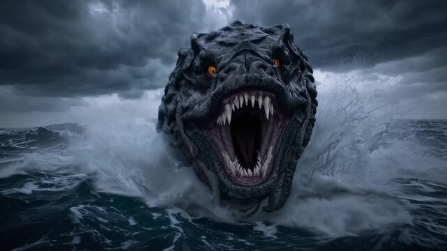 Angry sea monster emerging from stormy ocean waves roaring into air with cinematic lighting - mythical sea creature attack scene - fantasy and danger concept