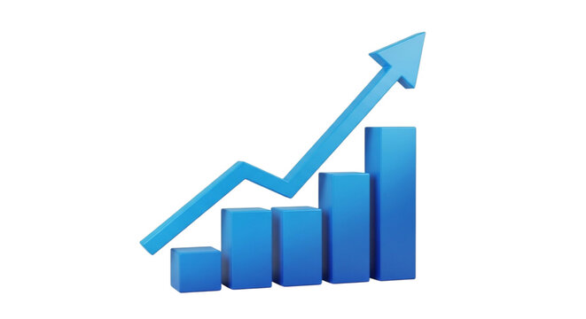 Blue 3d bar graph with upward arrow isolated on transparent background