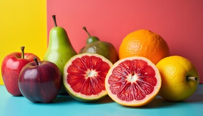 Buntes Arrangement von frischem Obst vor farbigem Hintergrund  
