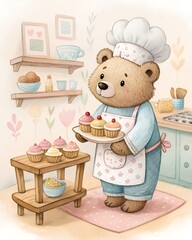 A cute bear in a chef hat is baking cupcakes. This playful animal wears an apron in a cozy kitchen. Watercolor illustration with food, pastry, sugar, and frosting.