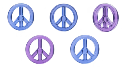 3D rendered peace symbols of different colors are standing on white promoting harmony and global unity
